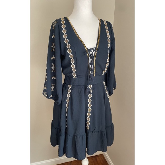 Frontpoint Dresses & Skirts - Dress Forum M Navy Embroidered Corset Tie Front Short Boho Hippie Alpine Oktober
